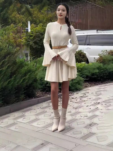 French Fashion Lotus Leaf Side Comfortable Solid Color Dress In Autumn 2024